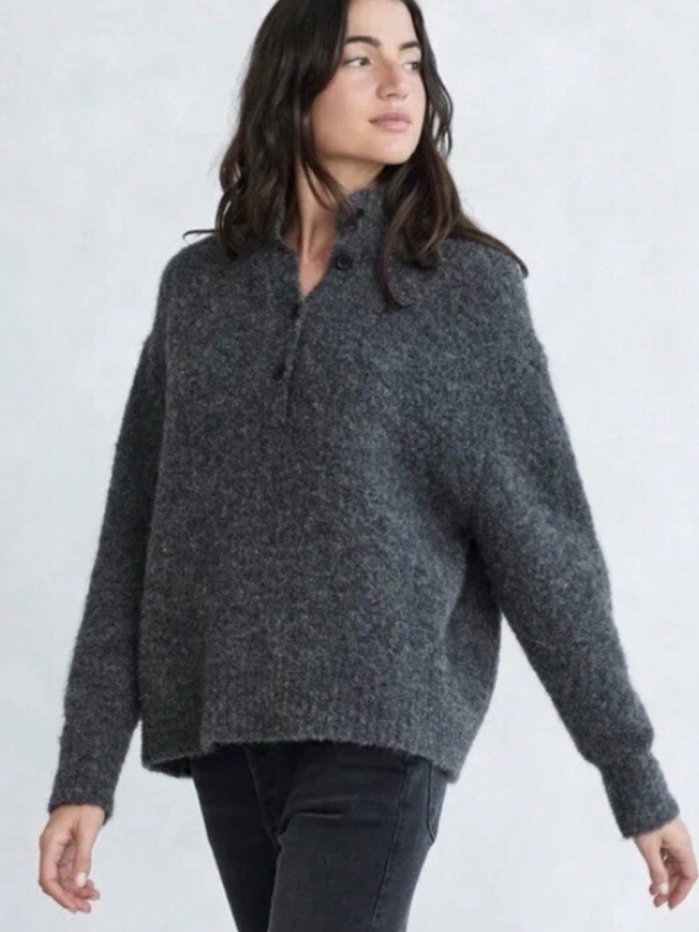 Jenni Kayne Boucle Alpaca Merino Wool Button Mock Neck Sweater Large Gray Cozy